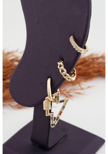 Kadın Altın Kaplama Kararmaz Şimşek Figürlü 3'Lü Zirkon Set Küpe Altın-M