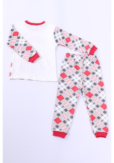 Çocuk Yılbaşı Pijama Takımı Noel Baba Baskılı Ribanalı D8 KREM Krem