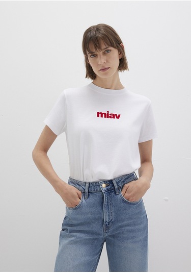 Mavi - Kırmızı Miav Baskılı Beyaz Tişört 1610622-86417 Beyaz