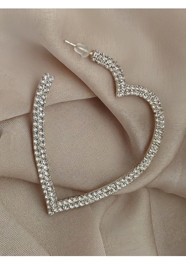 Büyük Kalp Model Beyoğlu Taşlı Abiye Gümüş Renk Küpe Gümüş