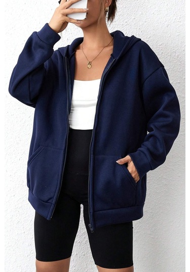 Modagen Unisex Lacivert Düz Renk Kapüşonlu Oversize Hırka Lacivert
