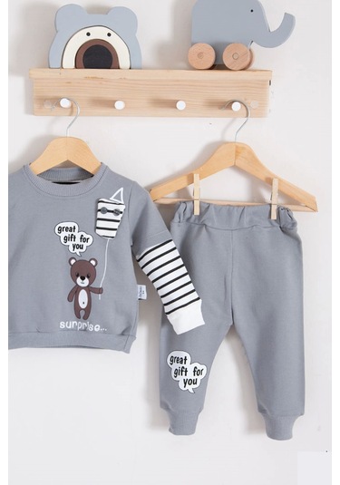 Gift For You Desenli 2'li % 100 Pamuk Erkek Bebek Takımı Gri