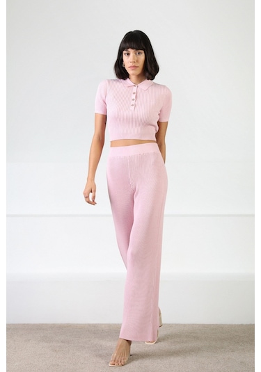 Ferraro Pembe Kadın Polo Yaka Kısa Kol Fitilli Viskon Triko Bluz Pembe