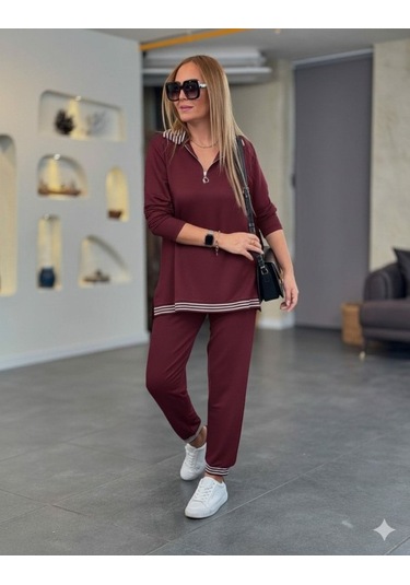 Tua Moda Kadın Uzun Kollu Fermuarlı Şerit Detay Desenli Alt Üst Ikili Viskon Iki Iplik Takım Bordo