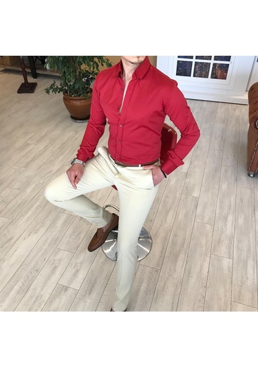 Italyan Stil Slim Fit Dik Yaka Saten Erkek Kırmızı Gömlek T4113