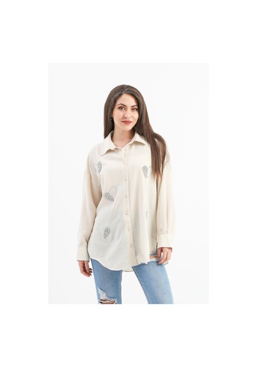 Taşlı Kalp İşlemeli Keten Gömlek - Bej-bej Bej