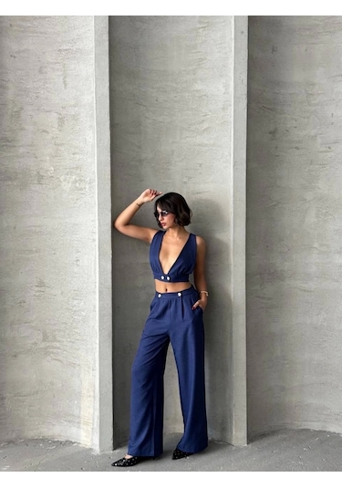 By Mop Crop Pantolon Keten Takım S255012 Lacivert