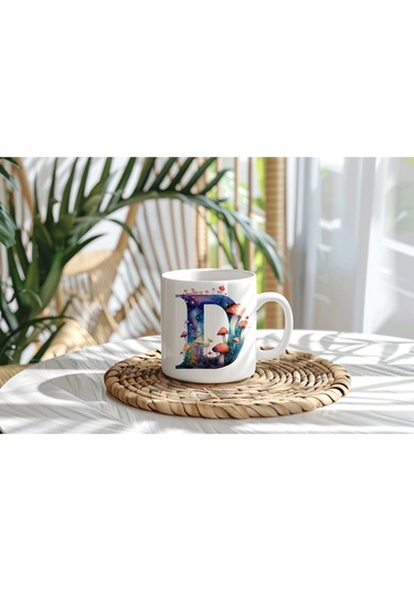 D Baş Harfi Fantastik Mantarlı Kupa Bardak - Kişiye Özel Masalsı Bardak - Hediye Beyaz