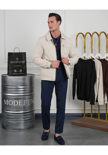 Modefendi Slim Fit Baklava Desen Torba Cep Dolum Elyaf Mont Krem