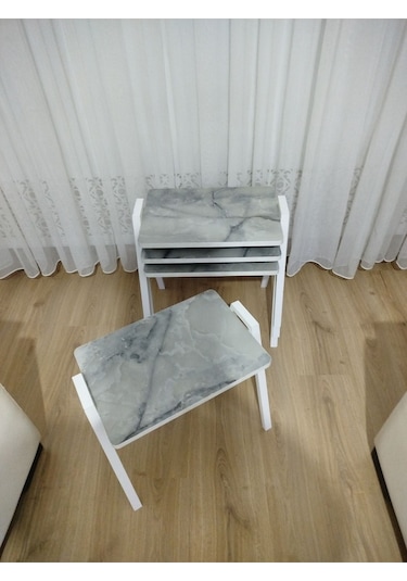 Zigon Sehpa 4'lü Mermer Desenli Tepsi Model Buz Mermer Desen Beyaz Ayak Buz Gri Mermer Desenli