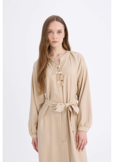 DeFacto Relax Fit Hakim Yaka Uzun Kollu Kuşaklı Maxi Tesettür Elbise D7322AX25SPBG775