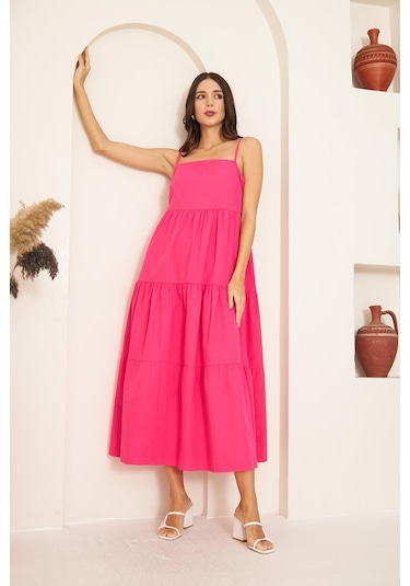 Fuşya İnce Askılı Katlı Elbise Dm1034 Fuşya