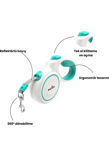 Budibu Makaralı Otomatik Geri Çekilebilen Kedi Köpek Gezdirme Tasması Medium Max 25 Kg Beyaz