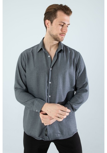 Rahat Kesim Keten Dokulu Gömlek Füme