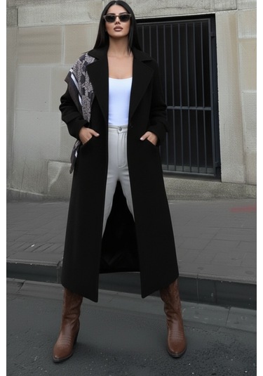 Kruvaze Kesim Kışlık Trençkot Palto Siyah