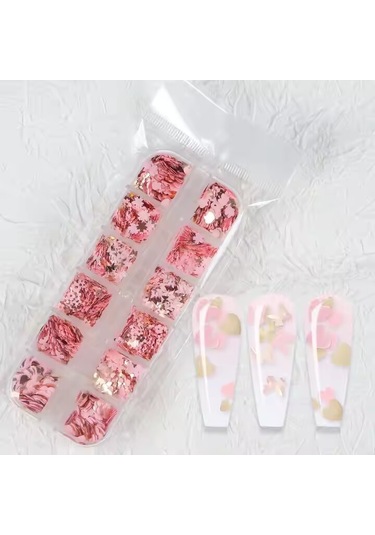 Pembe Ve Gold Tırnak Süsleme Folyo Pulları Karışık Dizayn Kelebek Kalp Tavşan Çiçek Nail Art