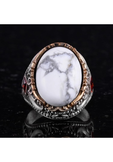 Gerçek Doğal Taş Yüzük - El Yapımı 925 Ayar Gümüş Yüzük - El Yapımı Yüzük Howlite Gümüş