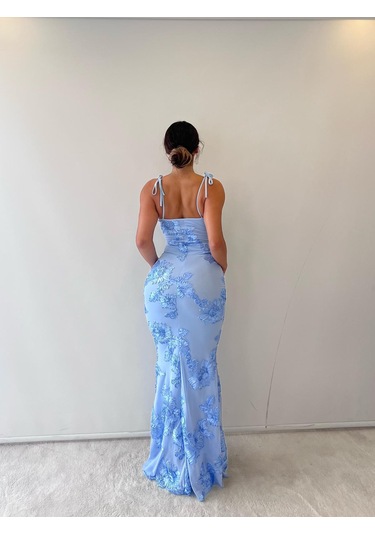 Mavi Ayarlanabilir Askılı Çiçekli Astarlı Maksi Bebek Mavi