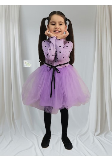 Puantiyeli Kız Çocuk Uzun Kollu Doğum Günü Ve Özel Günler İçin Tüllü Elbise Lila