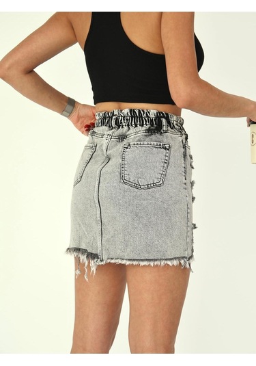 Zeo Basic Ön Düğme Detaylı Beli Lastikli Denim Etek Gri