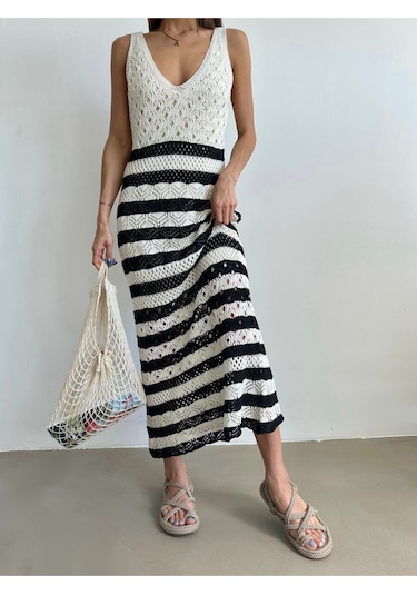 Kadın Askılı Ajurlu Yazlık Triko Elbise Krem - Siyah