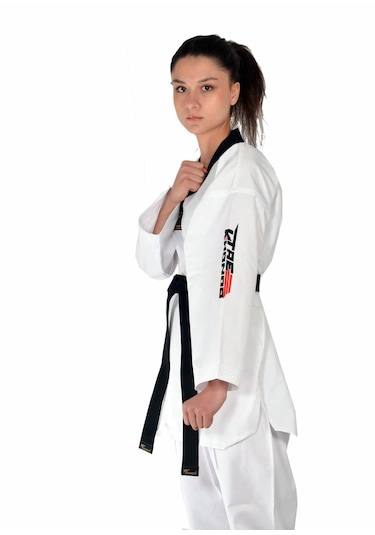 Fitilli Siyah Yaka Taekwondo Elbisesi Dobok Üst Kuşak Dobok Beyaz