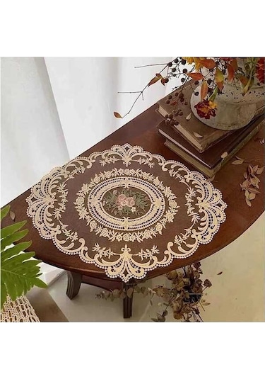 Pazly 2'li El İşi Dantelli Masa Örtüsü Seti - 30x41cm Bej Lüks Dekoratif Peçeteler Bej