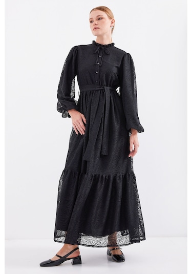 Bigdart 2509 Uzun Dantelli Tesettür Elbise - Siyah 001