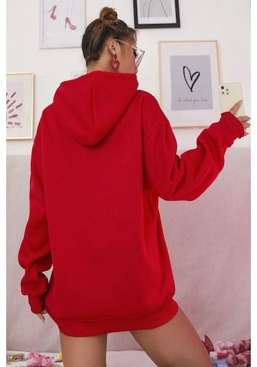 Modagen Kırmızı Kelebek Baskılı Oversıze Kapüşonlu Sweatshırt Kırmızı