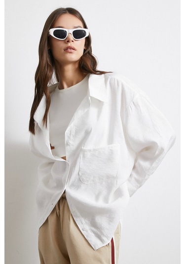 Oversize Cepli Modal Gömlek Beyaz Beyaz