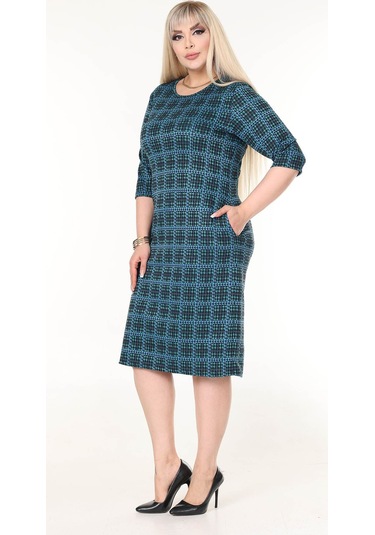 Çift Cepli Kışlık Büyük Beden Esnek Elbise 43b-2634 Desenli