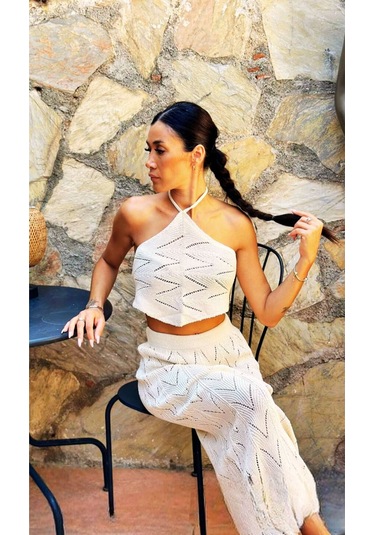 Kadın Örgü Desenli Crop Top Ve Etek Takımı Beyaz