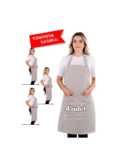 4 Adet Simple Ayarlanabilir Askılı Mutfak Önlüğü Açık Gri