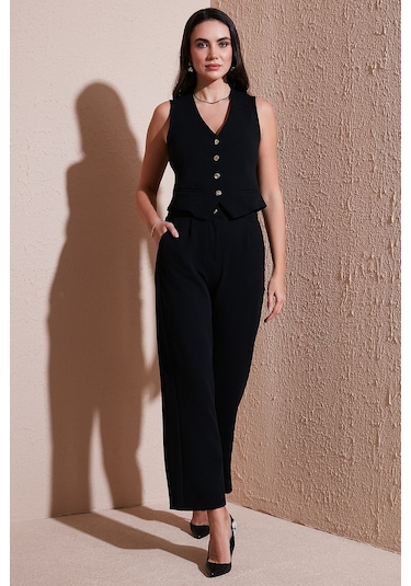 Lela Regular Fit Yüksek Bel Bol Paça V Yaka Yelekli Bayan Takım 5866199 Siyah