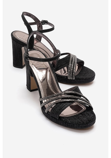 Luvishoes Jarena Siyah Simli Taşlı Kadın Kalın Topuklu Abiye Ayakkabı