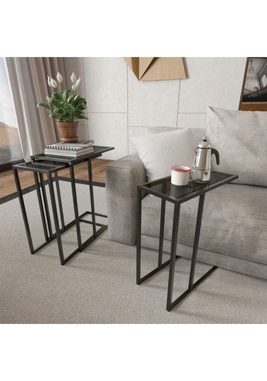 Rozy Camlı Üçlü Zigon Sehpa Siyah