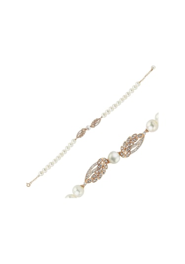 6,5 Mm Yaprak Detay Taşlı Doğal İnci Bileklik 23 Cm / Rose Rose Pembe Altın