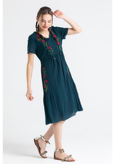 Kısa Kol Şile Bezi Lalezar Nakışlı Midi Boy Elbise Petrol Ptrl-petrol Petrol