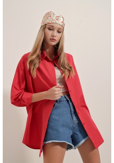 Bigdart 3900 Oversize Uzun Basic Gömlek - Kırmızı 001