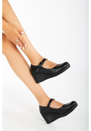 Baretli Suni Deri Siyah Kadın Dolgu Taban Ayakkabı-3101-siyah