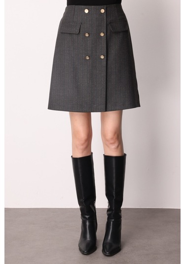 Ekol Kadın Beli Lastikli Süs Düğmeli Mini Etek 2019 Siyah Siyah