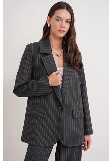 4753 Kadın Çizgili Oversize Blazer Ceket Antrasit Antrasit