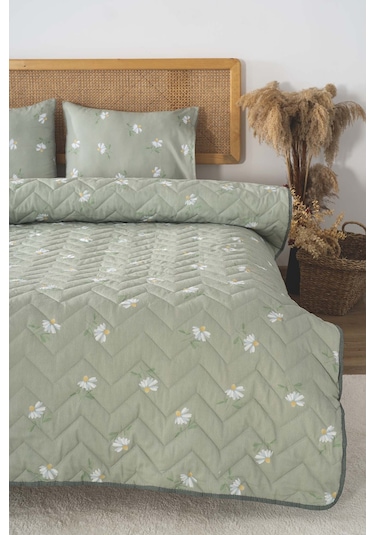 Yeşil Papatya Çift Kişilik Pamuklu Kapitone Pike & Yatak Örtüsü Yeşil