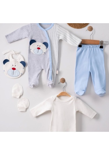 3 Ay Ayıcıklı Tulumlu Erkek Bebek 5'li Set Mavi