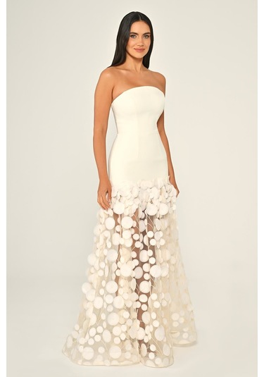 Krep Eteği 3 Boyutlu Tül Uzun Abiye Elbise Alfa Beta B7067 Ekru