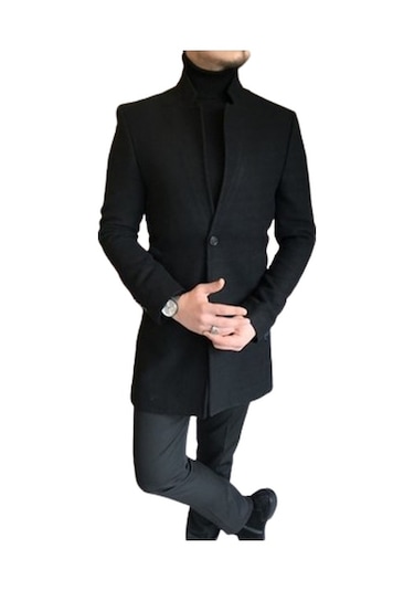 Erkek Siyah Slim Fit Dik Yaka Kaşe Kaban-Siyah