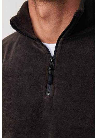 Tudors Erkek Dik Yaka Tüylenme Yapmayan Soğuk Geçirmez Standart Fit Rahat Kesim Füme Polar Sweatshirt-30136-füme Füme