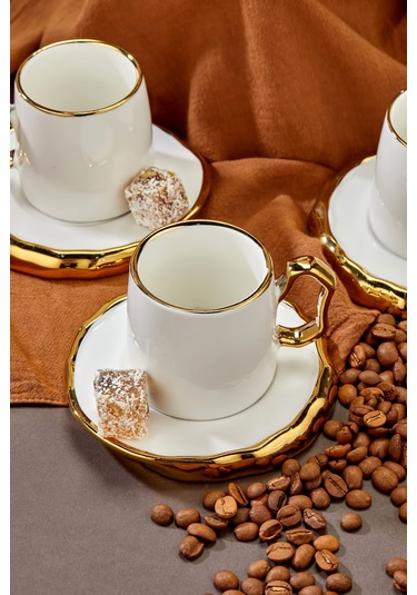 Carmen 6 Kişilik Porselen Gold Detaylı Çay Fincan Takımı Beyaz