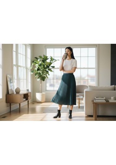 Pileli Pamuklu Dokuma Viskon Kışlık Etek 95 Cm - 38-48 Zümrüt Yeşili