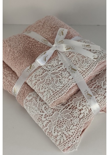 Gipür Dantelli Banyo Havlusu Takımı-%100 Pamuk Banyo Seti-gelin Havlusu Gulkurusu Gül Kurusu
